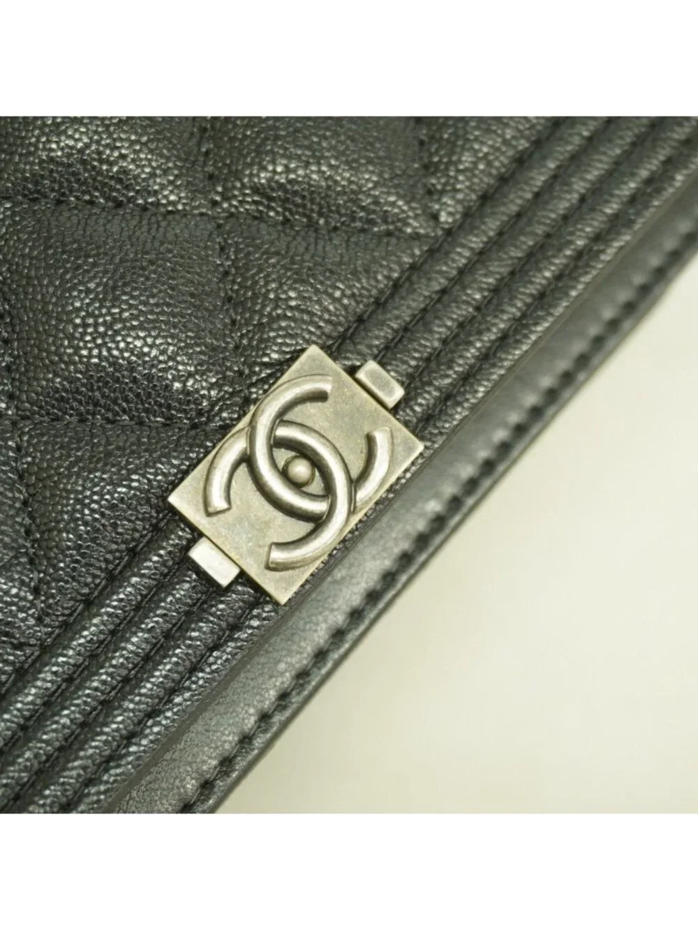 Chanel Shoulder Wallet Boy Caviar Leather Black Silver